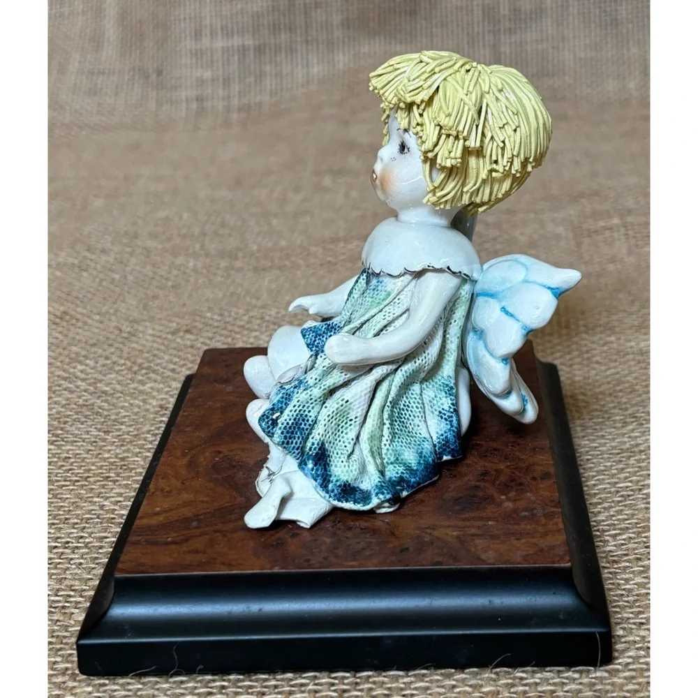 Signed Zampiva Porcelain Spaghetti Hair Angel Figurine Wood Mounted Italian